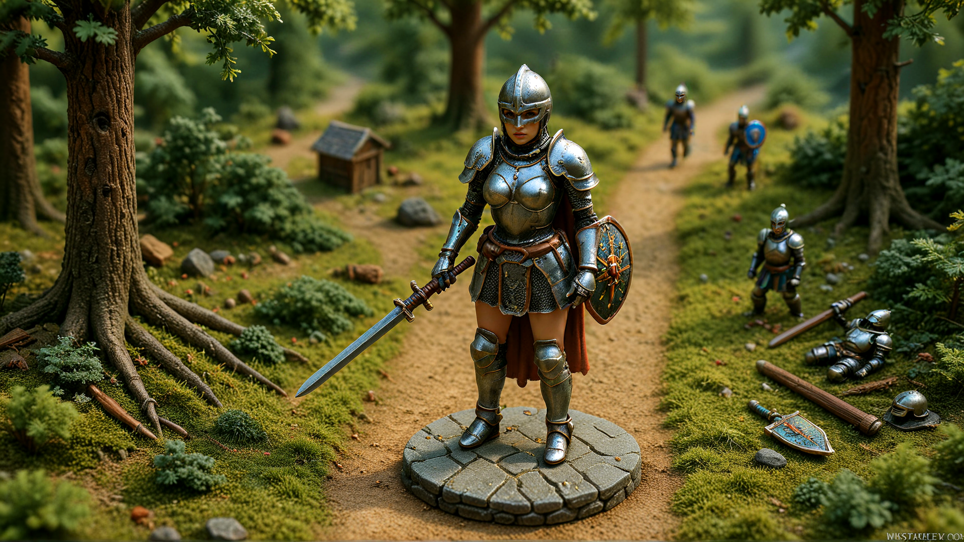 AI generated wallpaper featuring knight, sword, shield, forest, path, soldiers, miniature, figurine, armor, trees