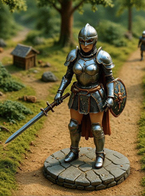 knight, sword, shield, forest, path, soldiers, miniature, figurine, armor, trees