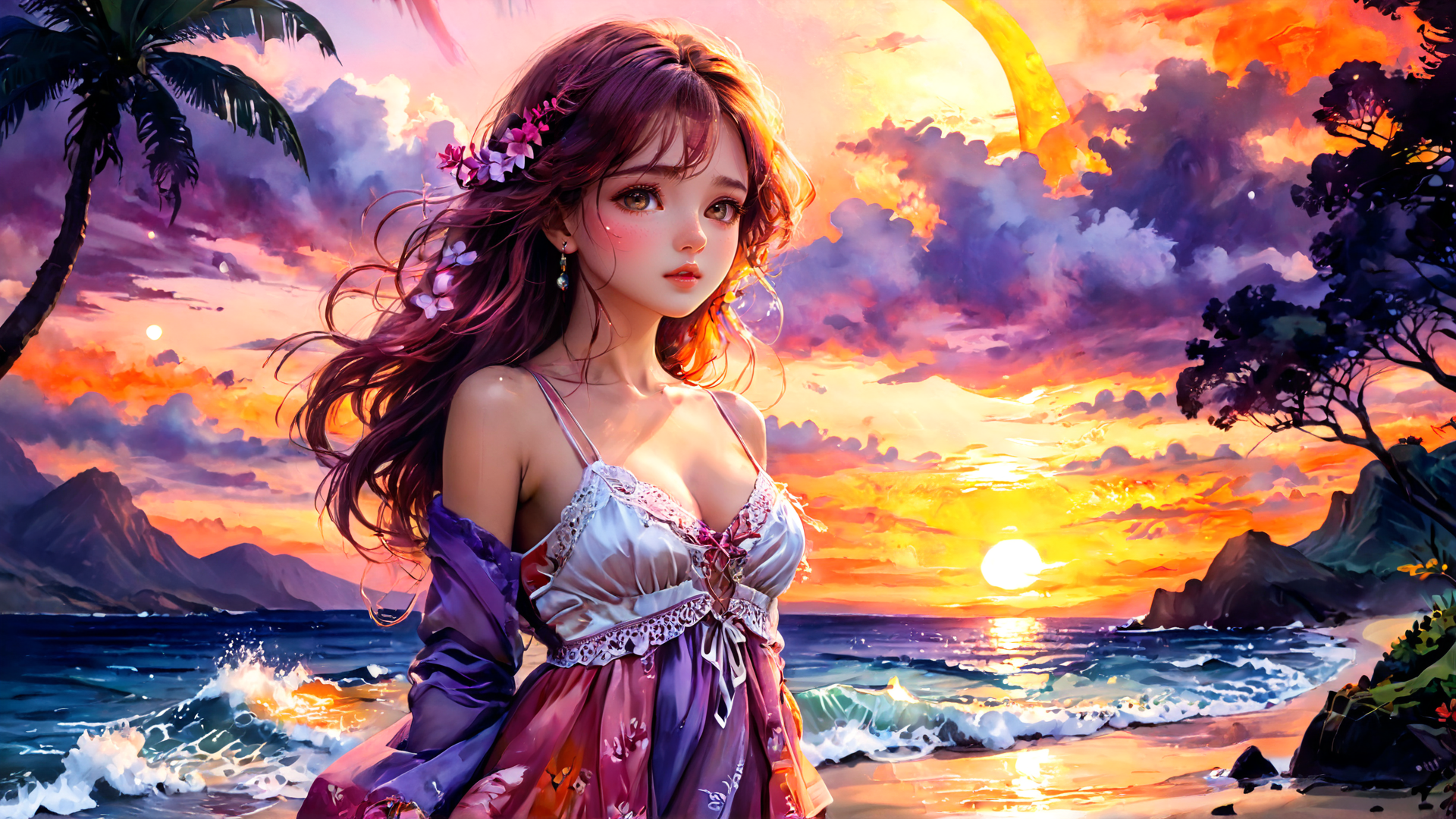 AI generated wallpaper featuring woman, beach, sunset