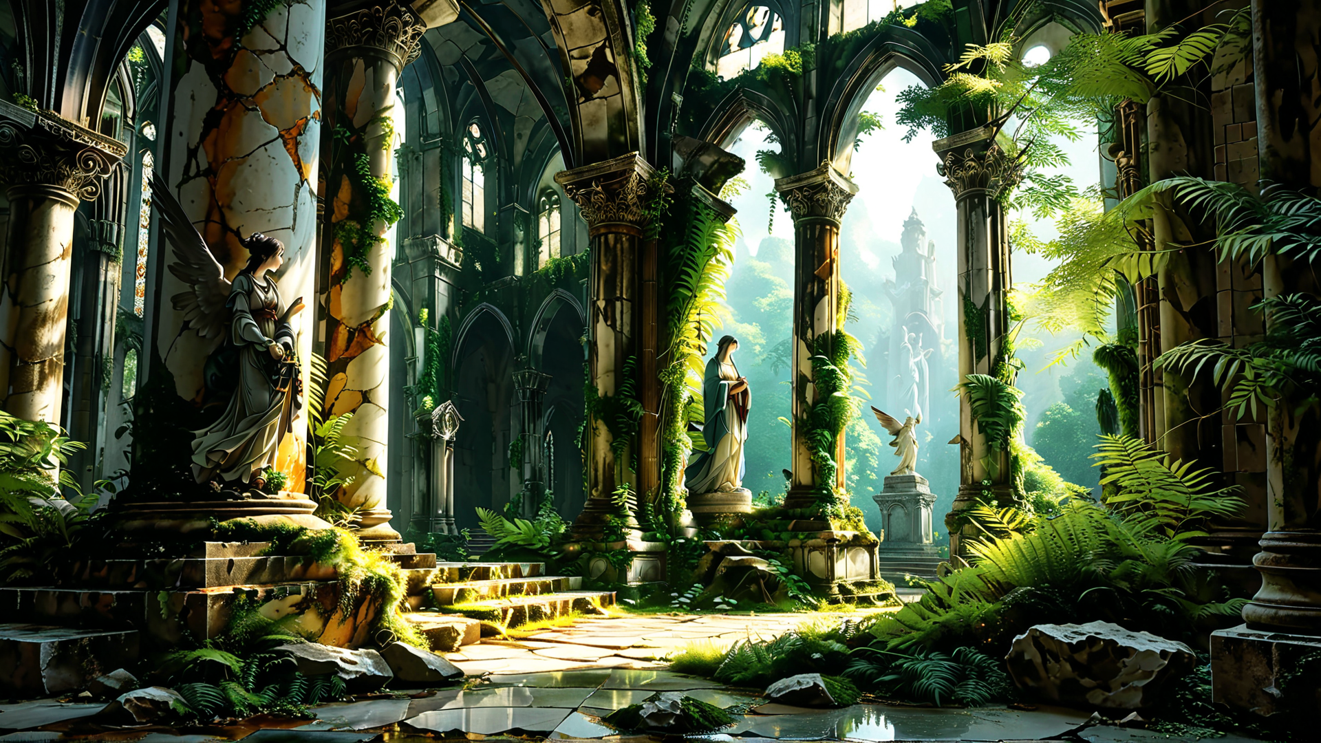AI generated wallpaper featuring angel, statue, column, garden, cathedral, plant, stone, arch, fountain, light