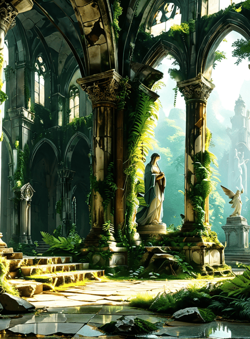 angel, statue, column, garden, cathedral, plant, stone, arch, fountain, light