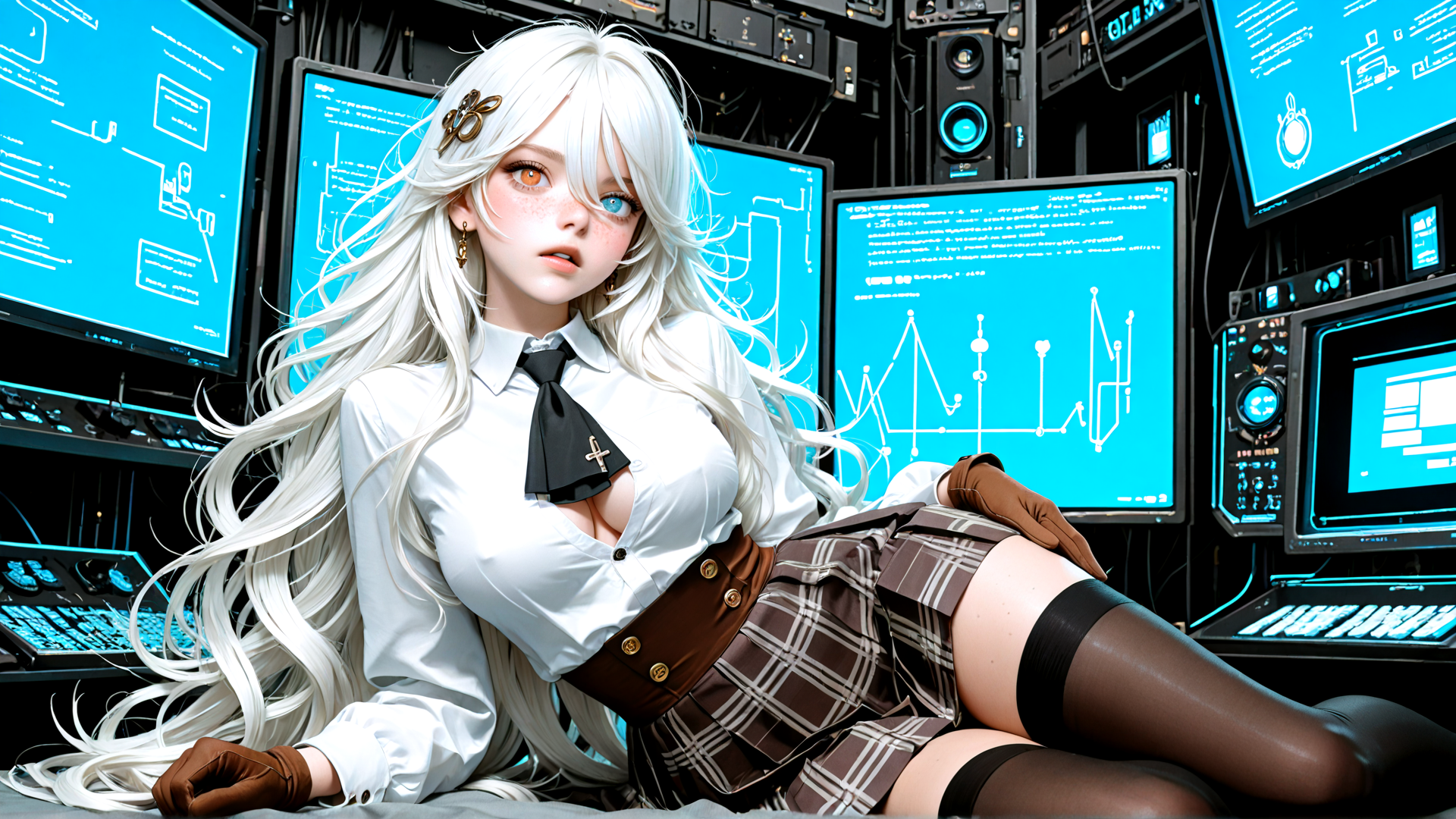 AI generated wallpaper featuring anime girl, gloves, skirt, tie, monitor, hair