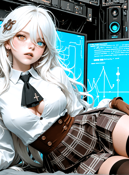 anime girl, gloves, skirt, tie, monitor, hair