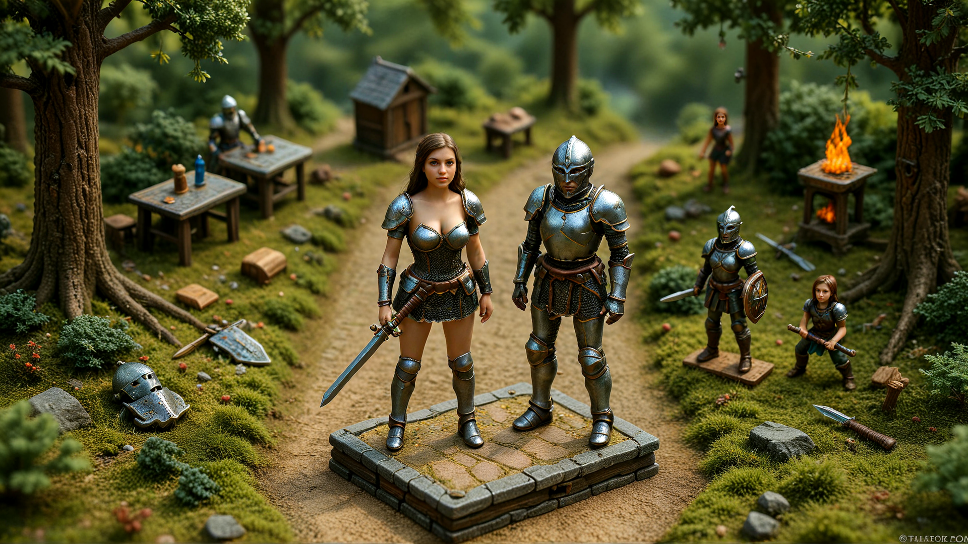 AI generated wallpaper featuring knight, armor, sword, forest, table, fire, shield, tree, helmet, dwarf