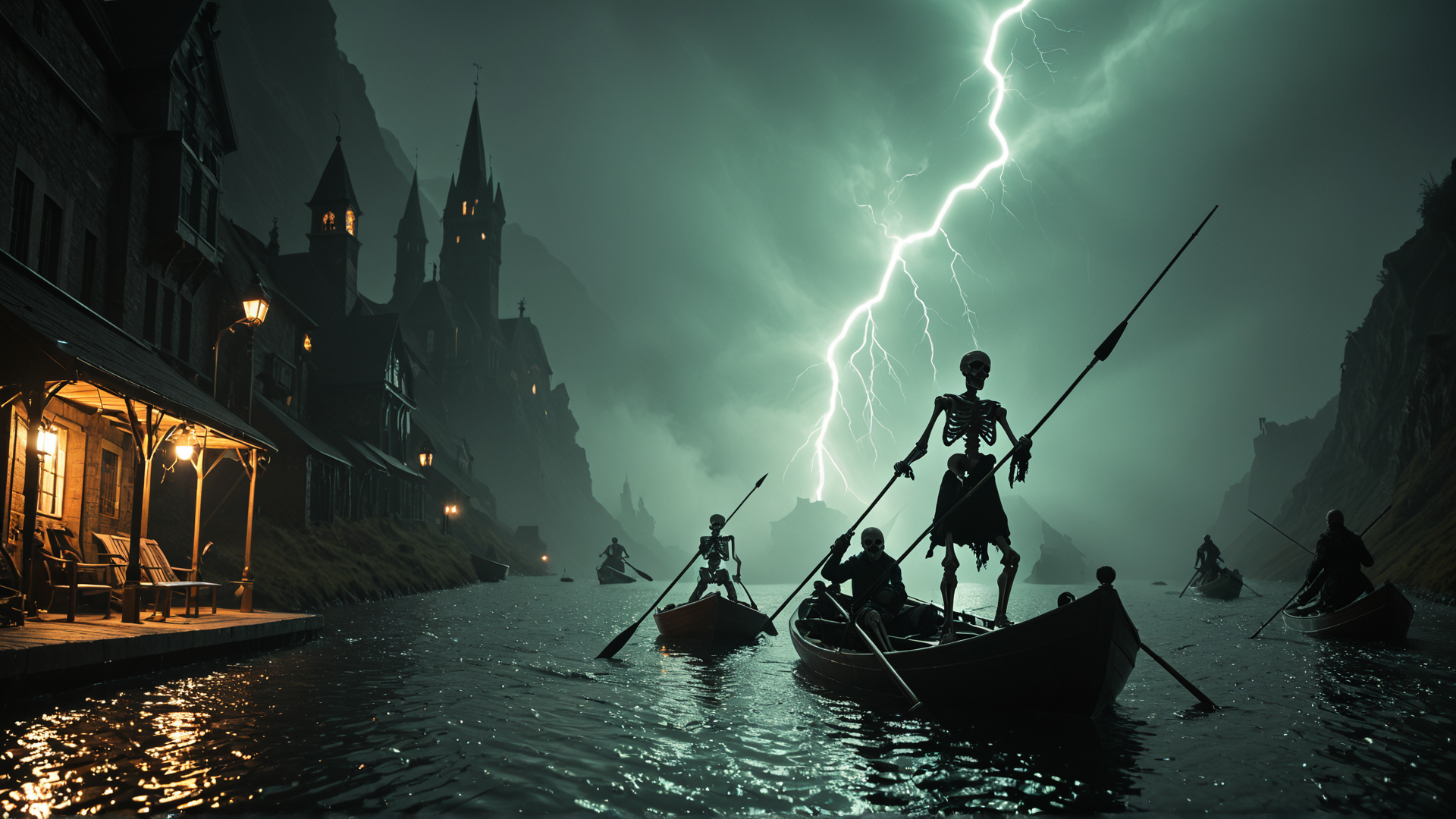 AI generated wallpaper featuring skeletons, boats, city