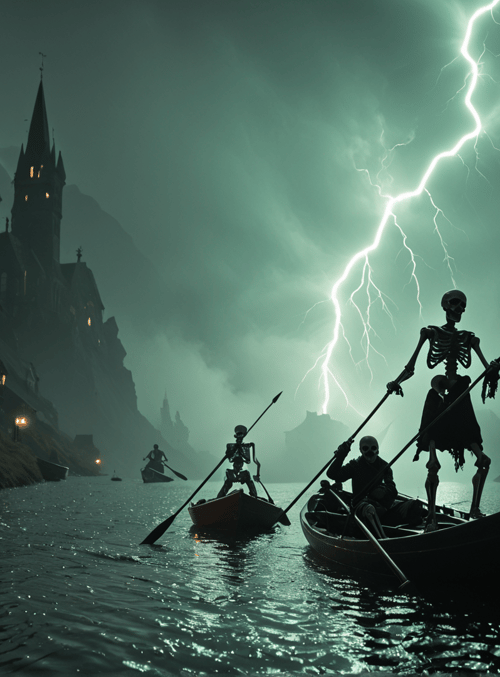 skeletons, boats, city