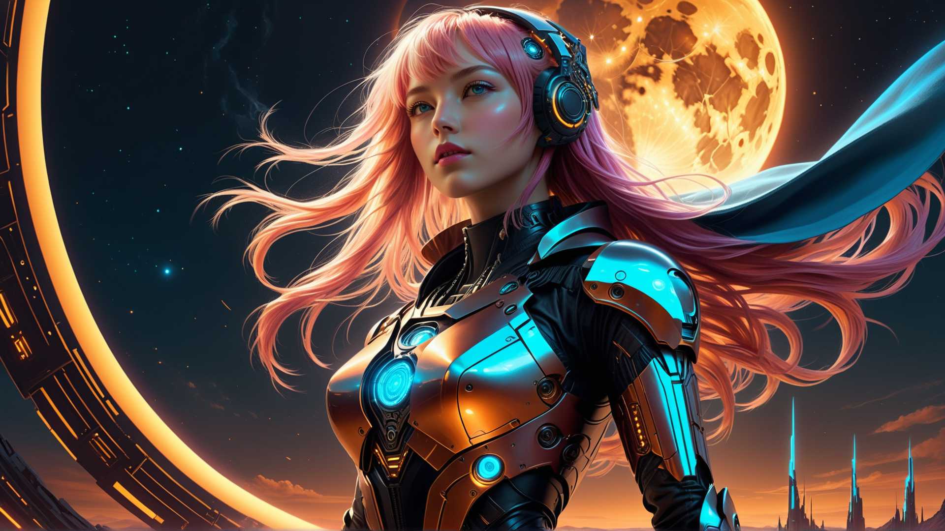 AI generated wallpaper featuring cyberpunk, woman, astronaut, gloves, armor, helmet, cape, hair, moon, stars