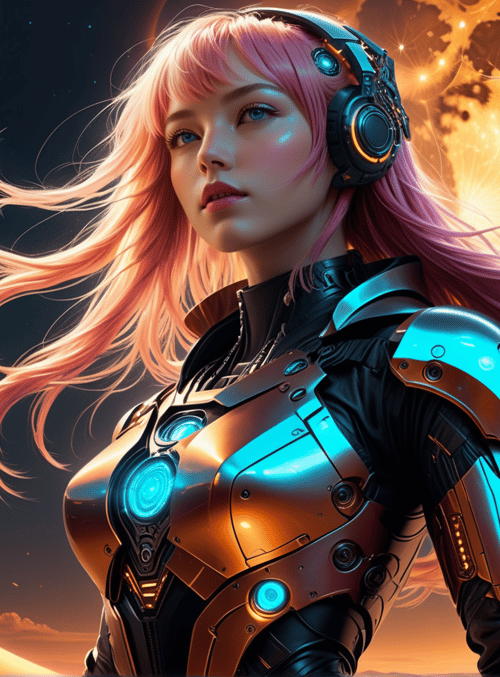 cyberpunk, woman, astronaut, gloves, armor, helmet, cape, hair, moon, stars