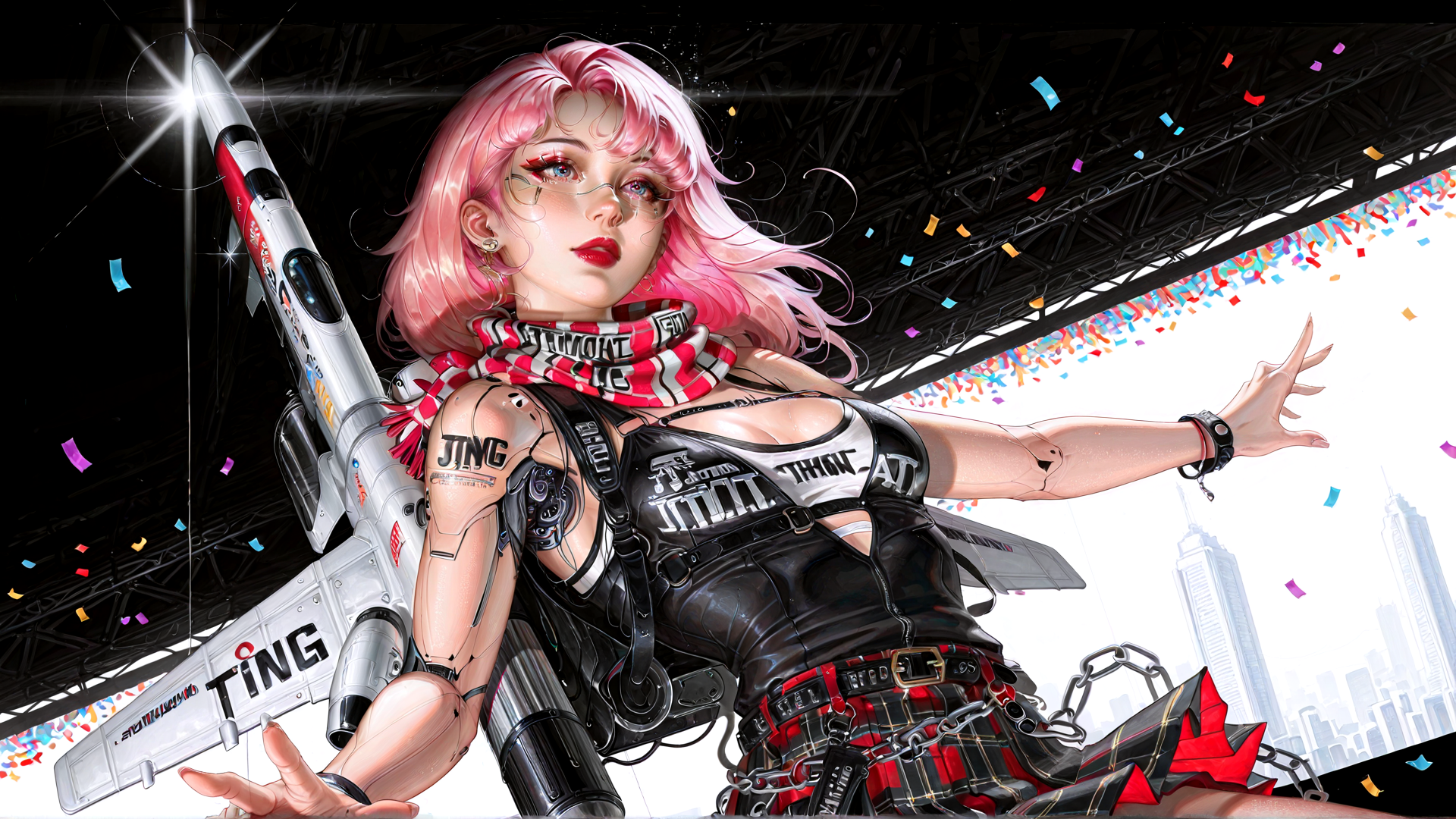 AI generated wallpaper featuring woman, rocket, confetti, cityscape, cyberpunk