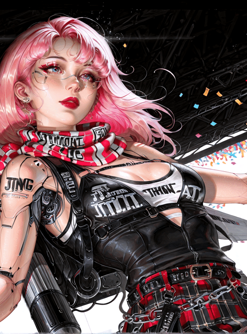 woman, rocket, confetti, cityscape, cyberpunk
