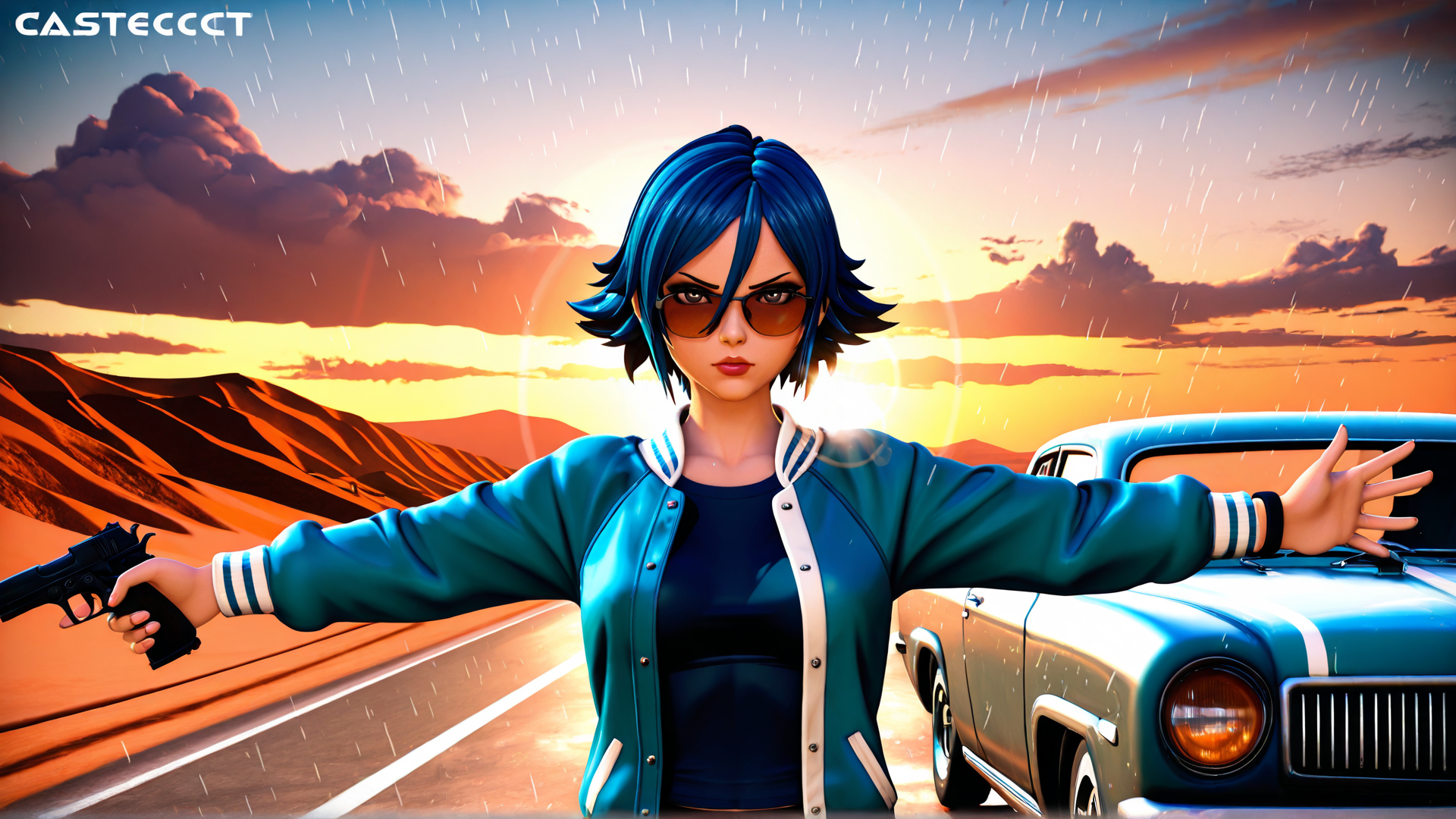 AI generated wallpaper featuring woman, car, gun, road, sunset, rain, glasses, jacket, mountains, clouds