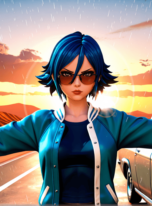 woman, car, gun, road, sunset, rain, glasses, jacket, mountains, clouds