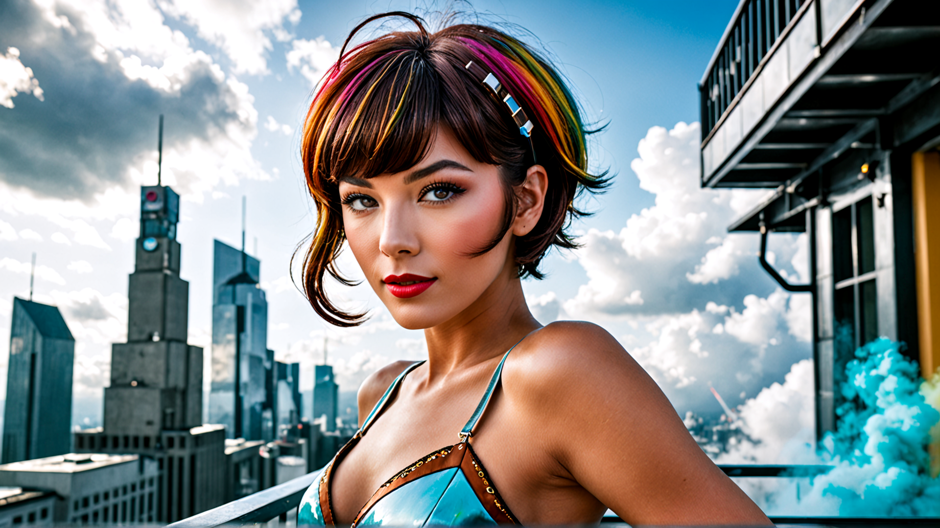 AI generated wallpaper featuring woman, cityscape, balcony, hair, building