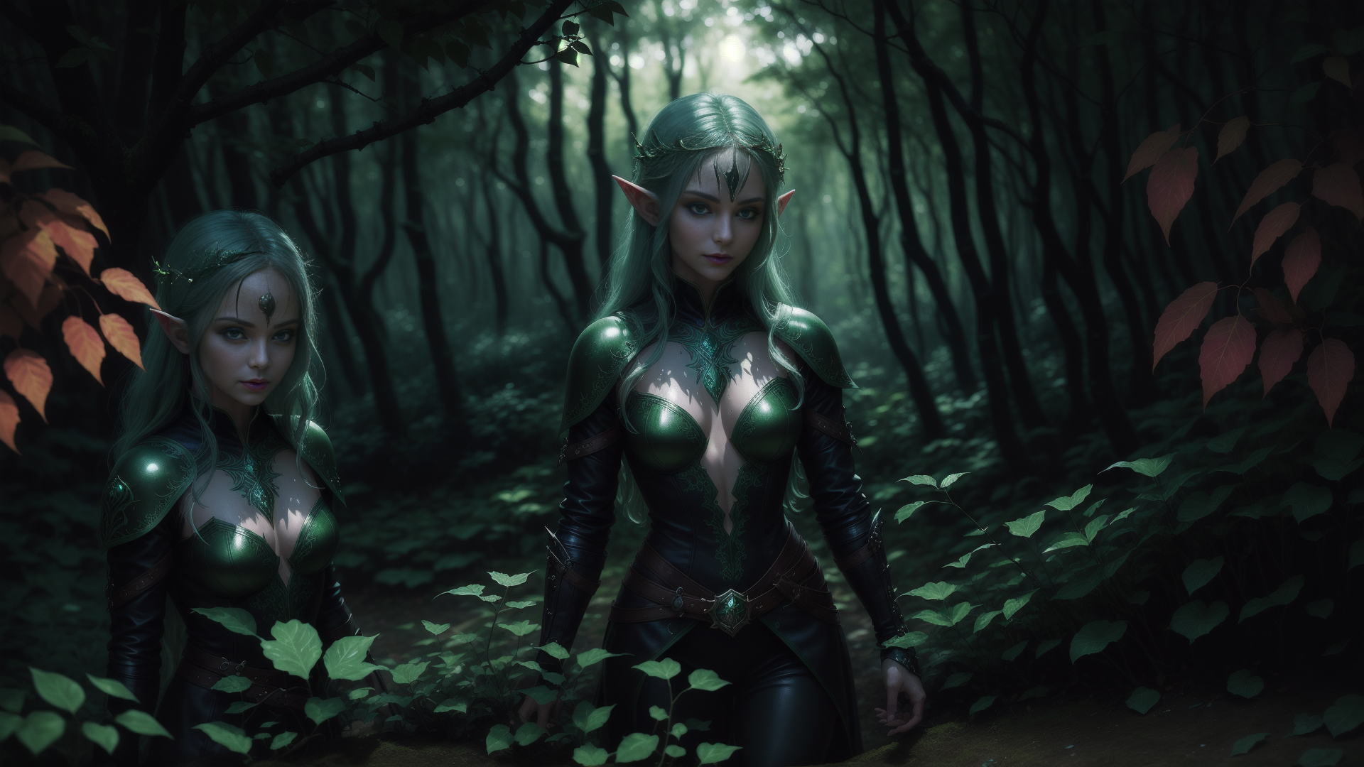 AI generated wallpaper featuring elves, fantasy, forest