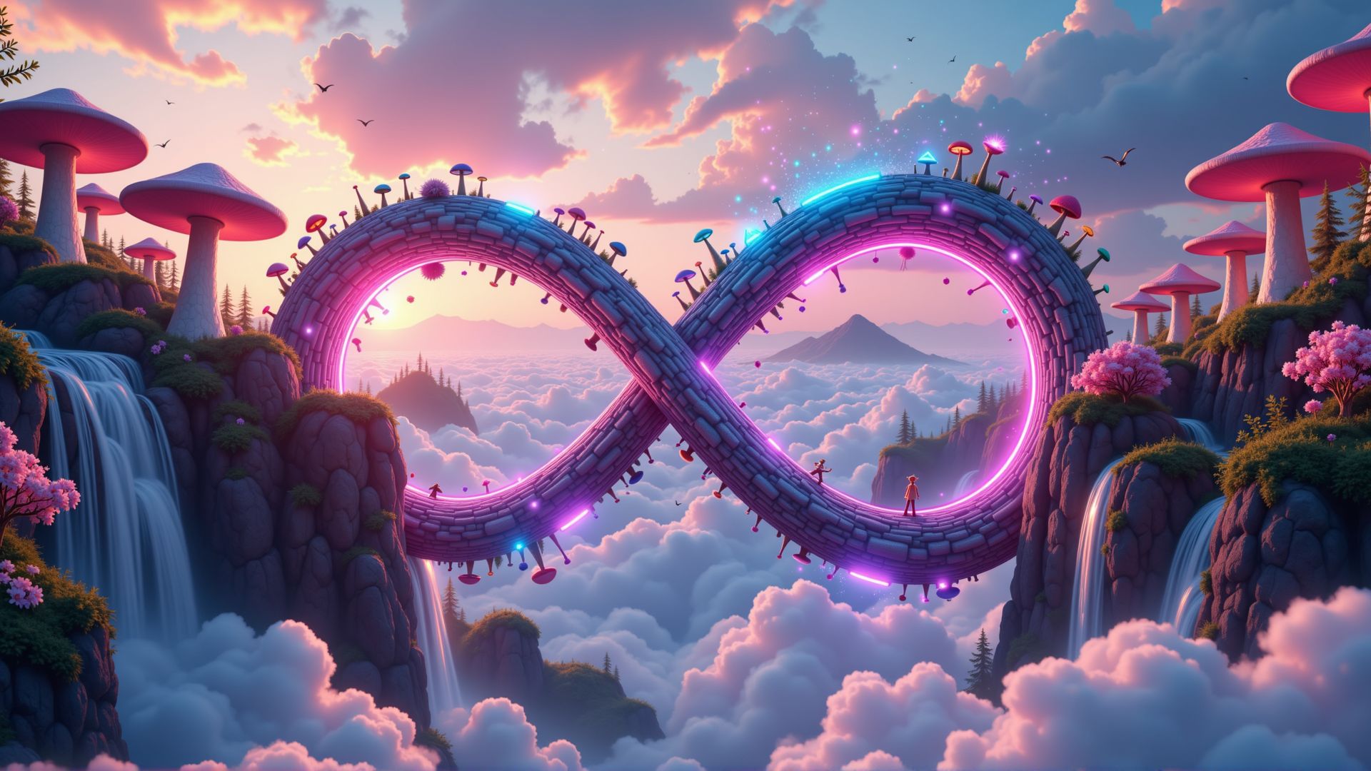 AI generated wallpaper featuring infinity, mushroom, bridge, cloud, waterfall