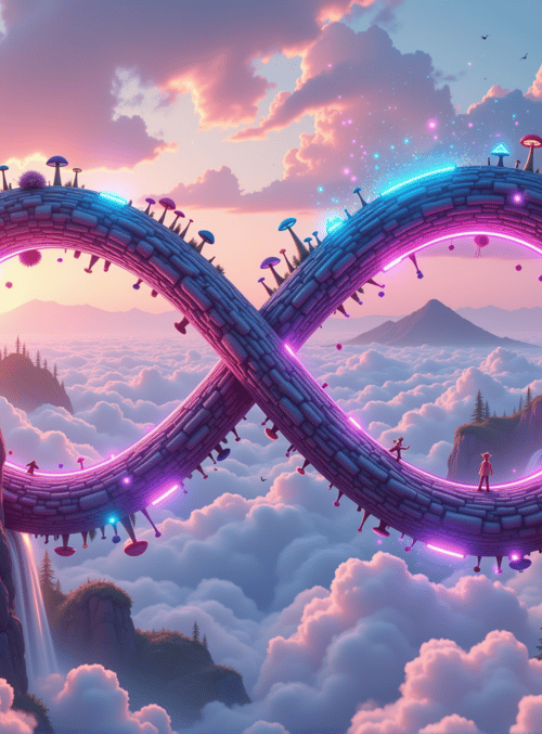 infinity, mushroom, bridge, cloud, waterfall