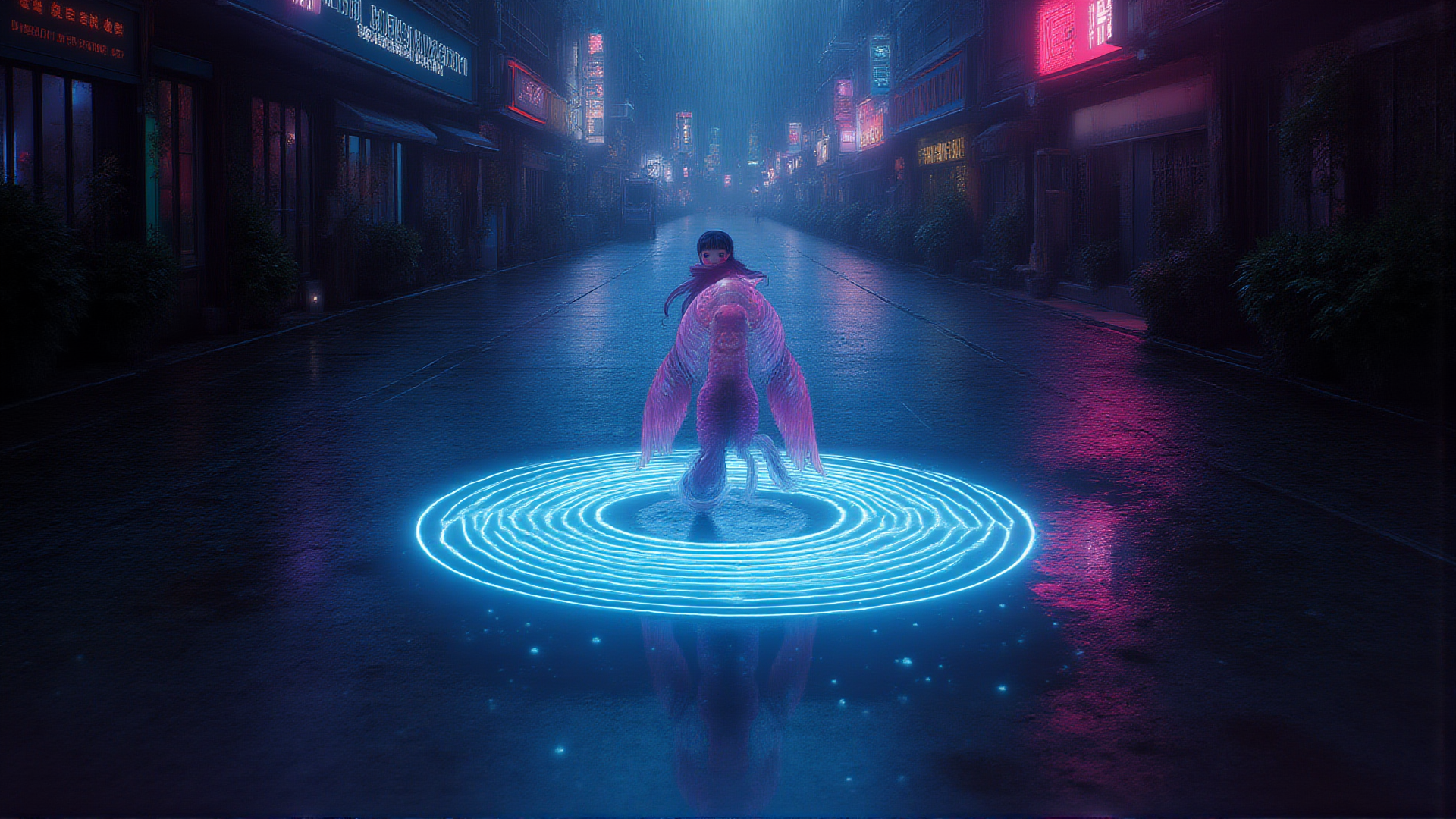 AI generated wallpaper featuring girl, digital, creature, neon, street, ring