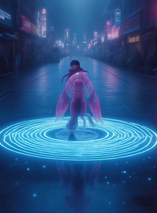 girl, digital, creature, neon, street, ring