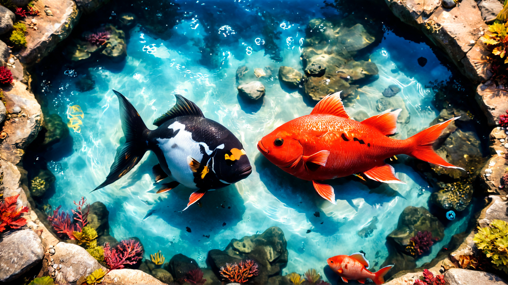 AI generated wallpaper featuring fish, aquarium, coral