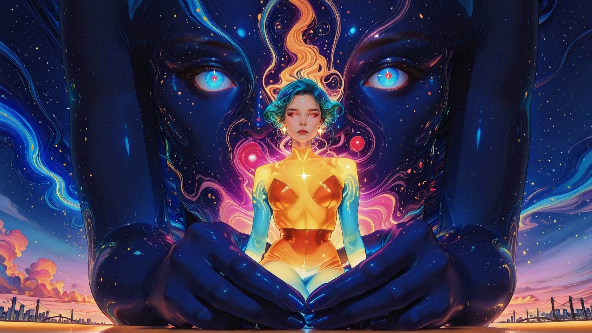 AI generated wallpaper featuring woman, hands, face, city, stars
