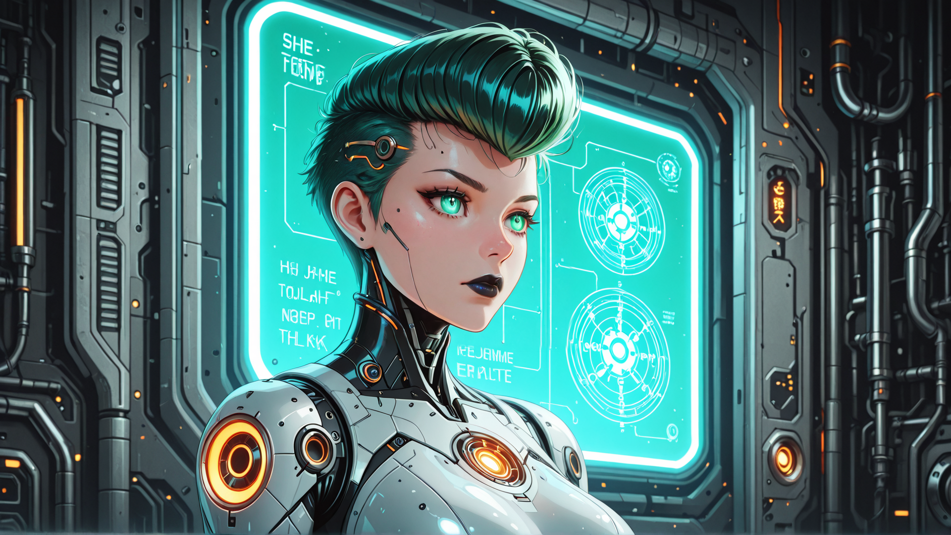 AI generated wallpaper featuring cyborg, robot, character, screen, goggles, neon, hologram, interface, circuit, mechanical