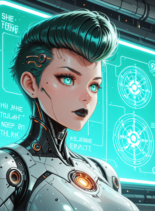 cyborg, robot, character, screen, goggles, neon, hologram, interface, circuit, mechanical