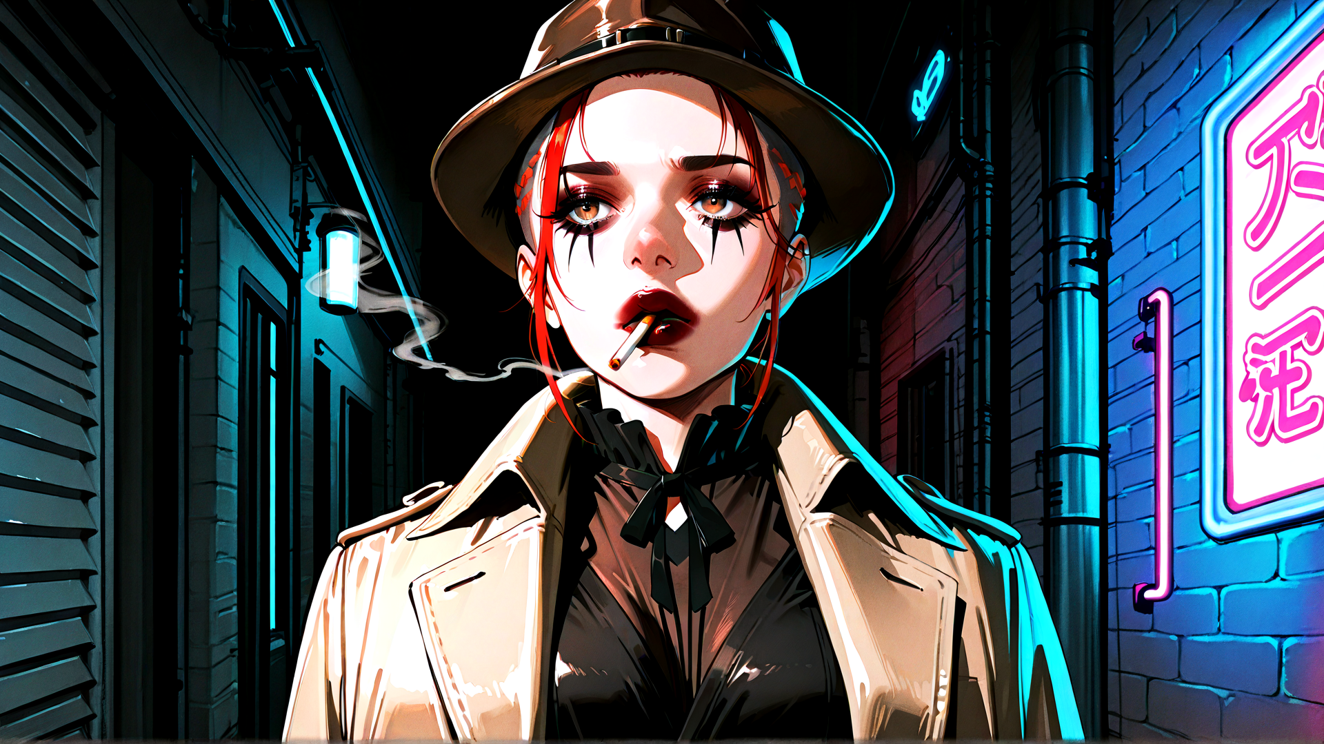 AI generated wallpaper featuring woman, hat, cigarette, trench coat, neon sign, alleyway
