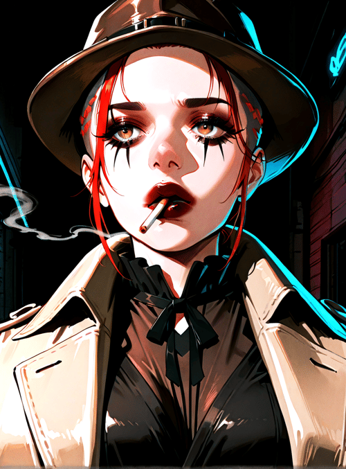 woman, hat, cigarette, trench coat, neon sign, alleyway