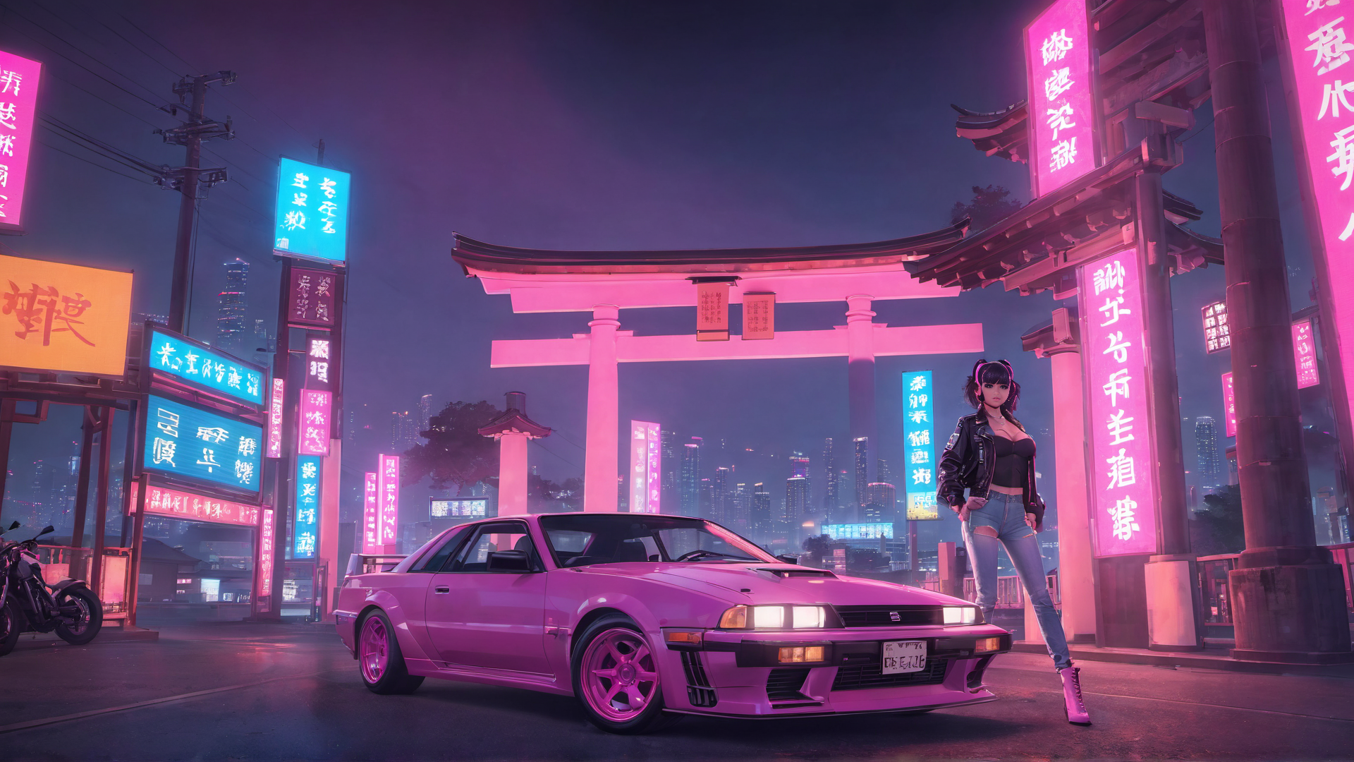 AI generated wallpaper featuring car, girl, torii gate