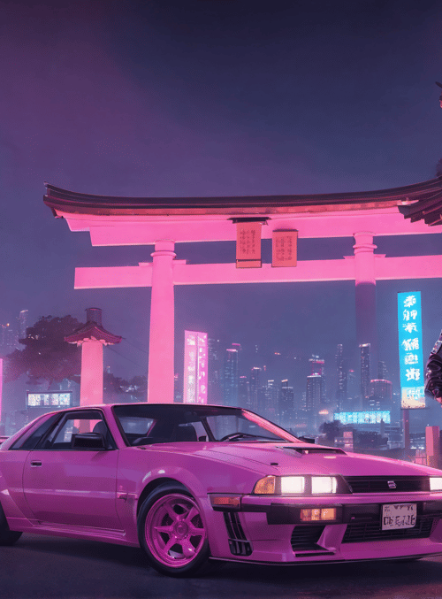 car, girl, torii gate