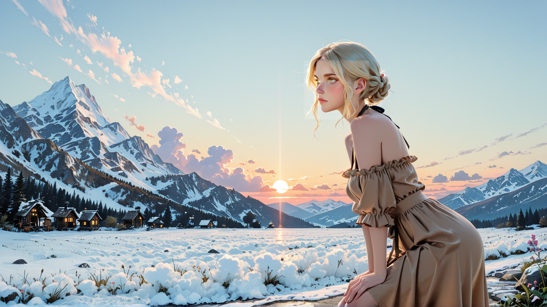 AI generated wallpaper featuring woman, mountains, sun, snow, houses, dress