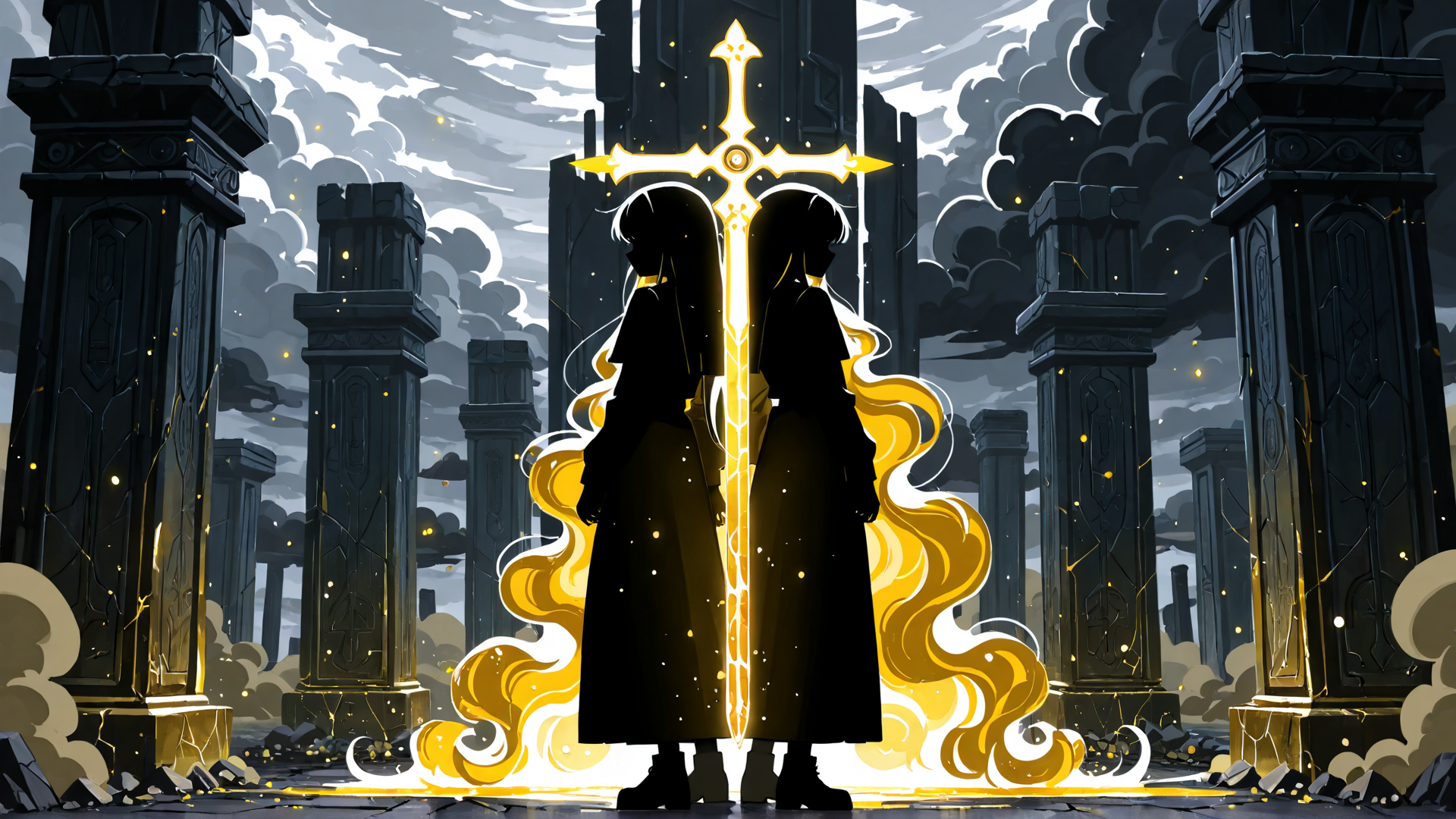 AI generated wallpaper featuring silhouette, sword, columns, girls, ancient, ruins