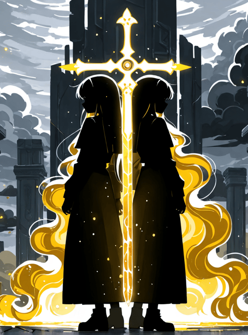 silhouette, sword, columns, girls, ancient, ruins