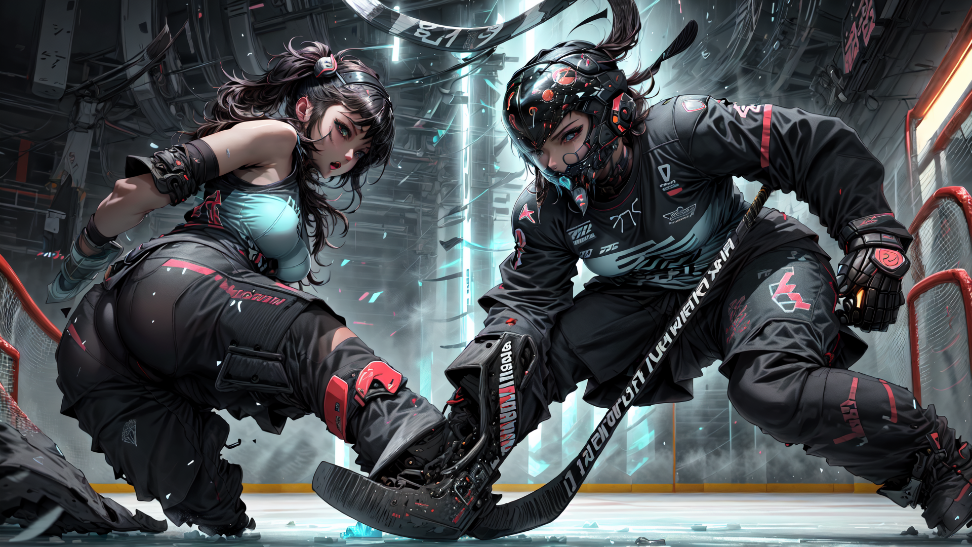 AI generated wallpaper featuring girl, hockey, ice, helmet, uniform, skates, cyberpunk, futuristic, fence, tech