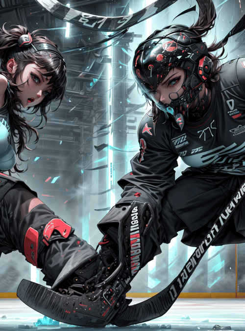 girl, hockey, ice, helmet, uniform, skates, cyberpunk, futuristic, fence, tech