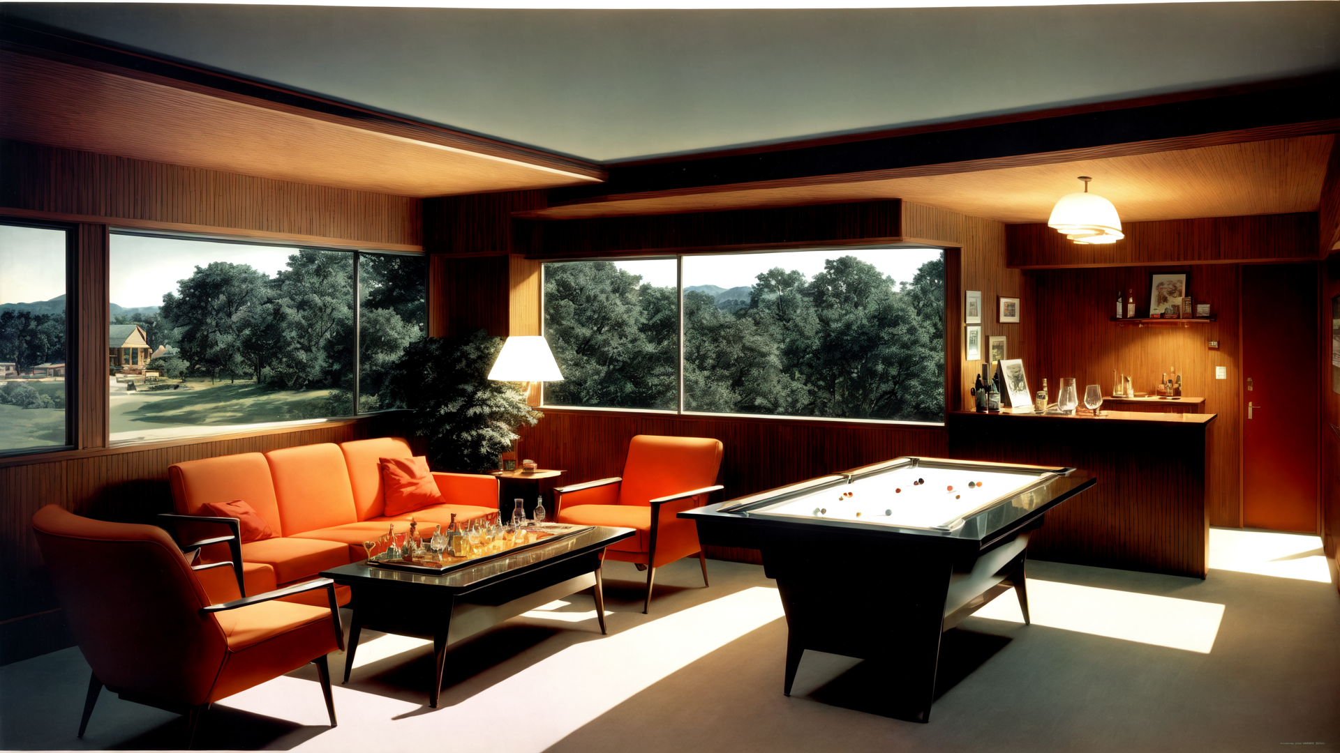 AI generated wallpaper featuring living room, pool table, sofa, armchair, bar, window