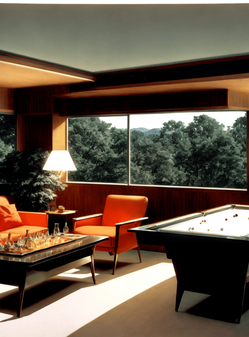 living room, pool table, sofa, armchair, bar, window