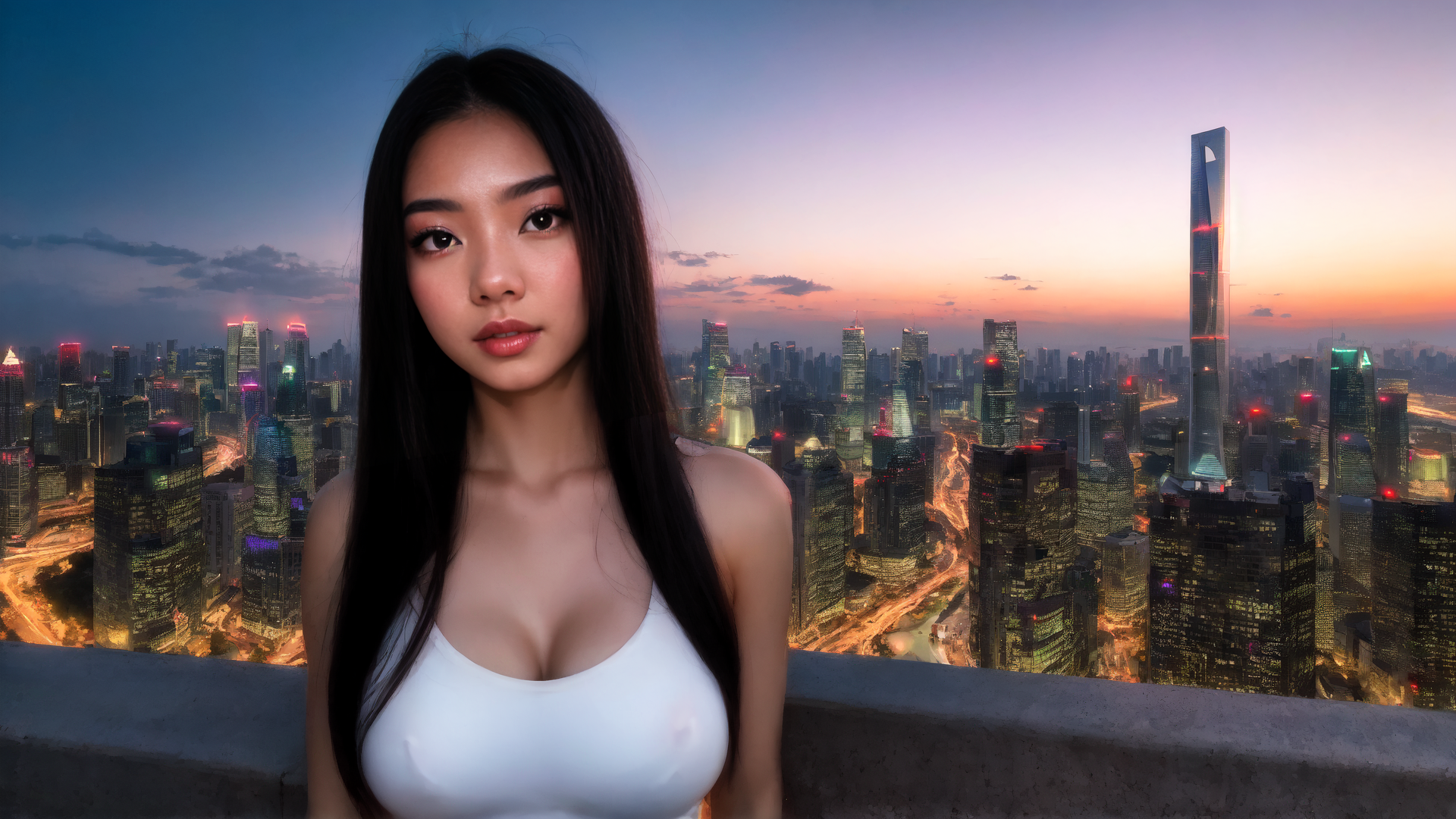 AI generated wallpaper featuring woman, cityscape, skyscrapers