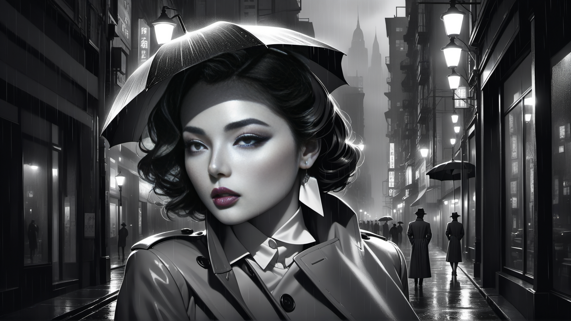 AI generated wallpaper featuring woman, umbrella, street