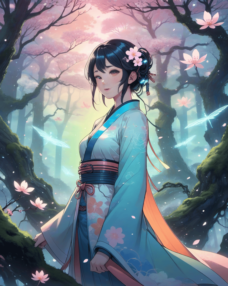 AI generated wallpaper featuring woman, cherry blossom, butterfly