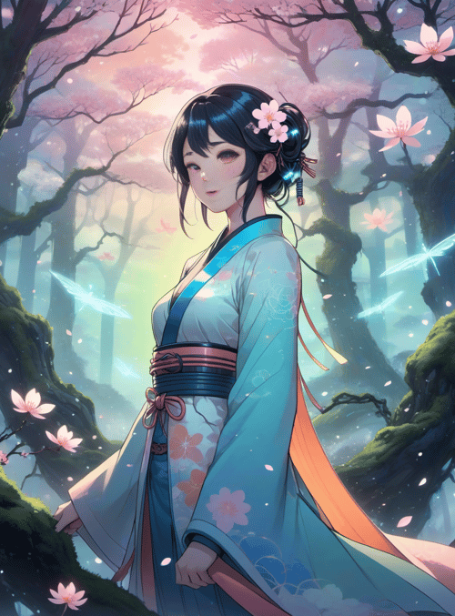 woman, cherry blossom, butterfly