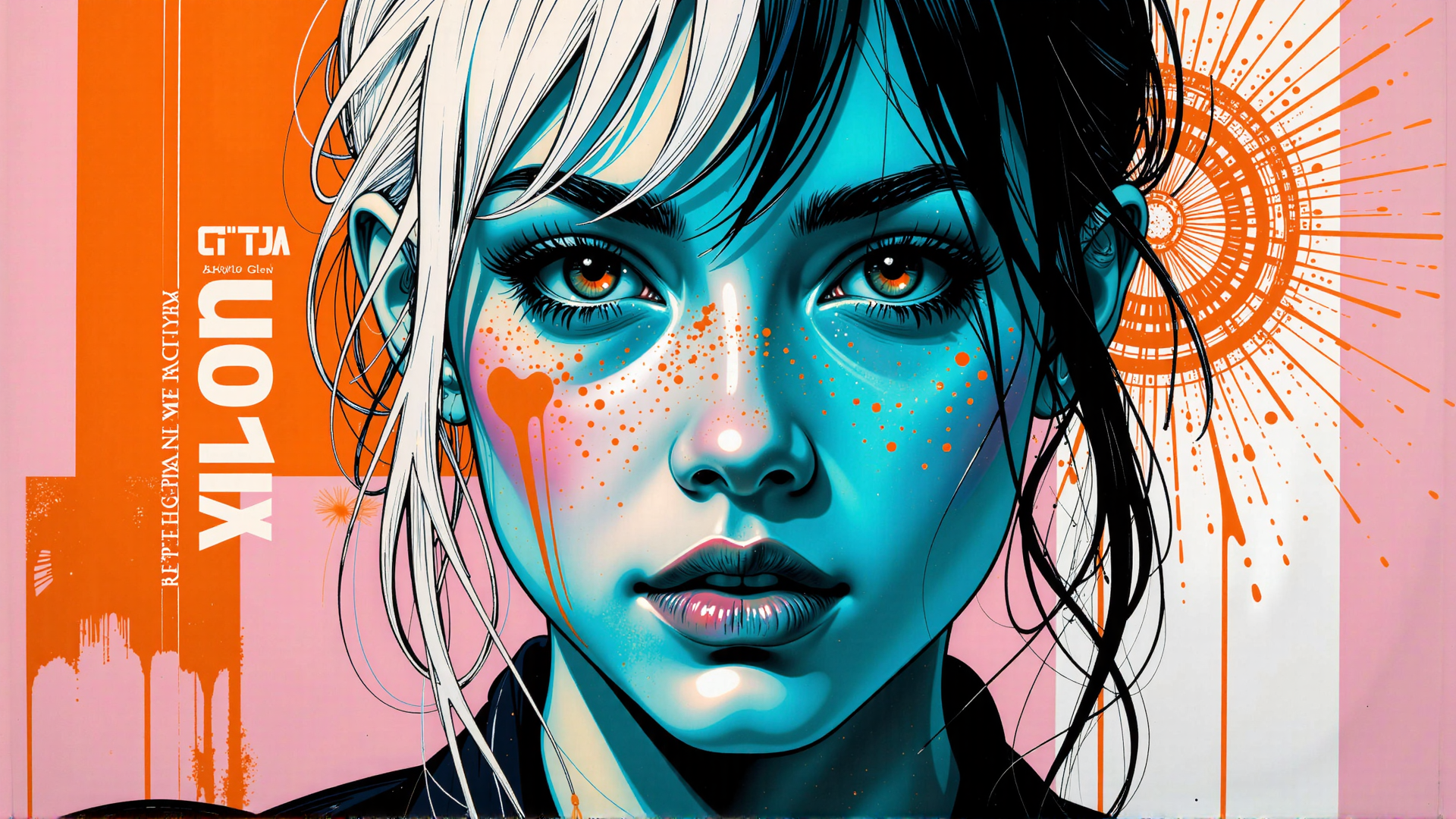 AI generated wallpaper featuring woman, portrait, hair, eyes, face, dots, sun, art