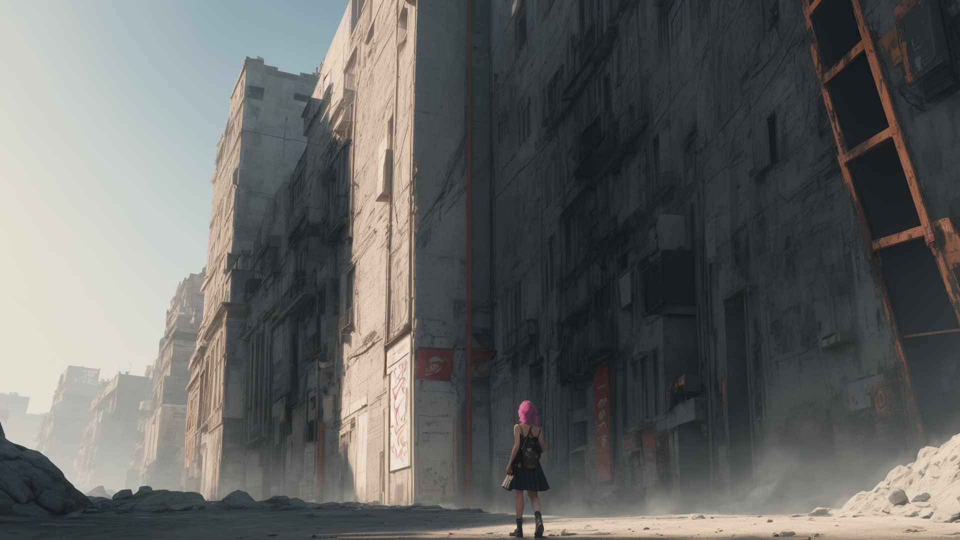 AI generated wallpaper featuring girl, city, ruins