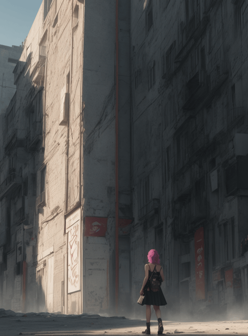 girl, city, ruins