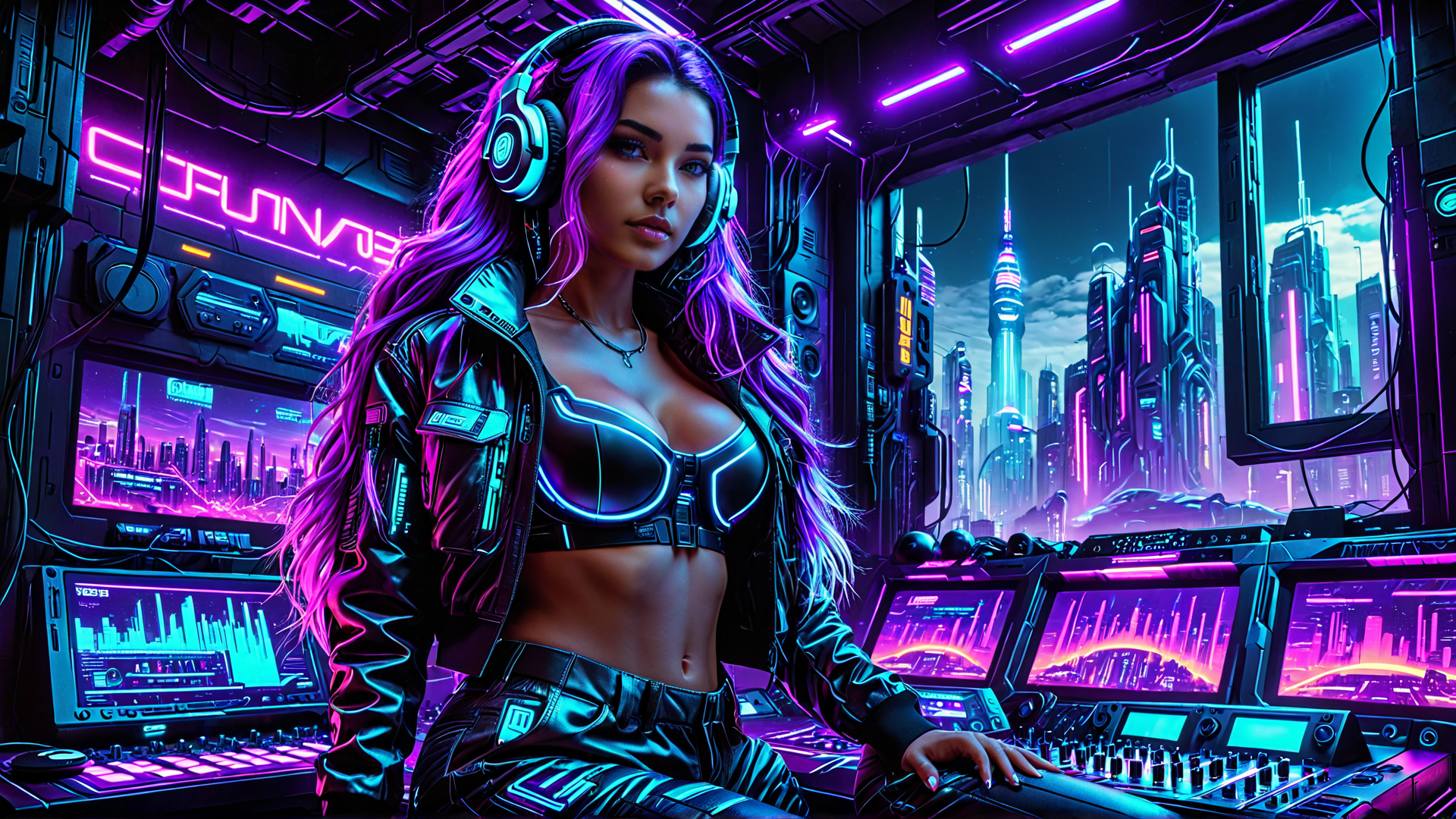 AI generated wallpaper featuring woman, cyberpunk, control room