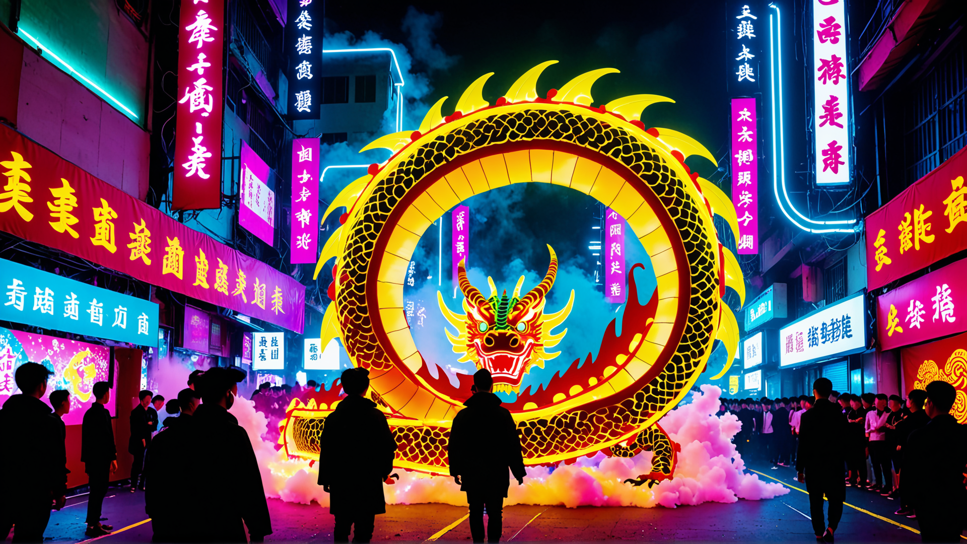 AI generated wallpaper featuring dragon, street, neon, people, signboard, dragon dance, city, night, cloud