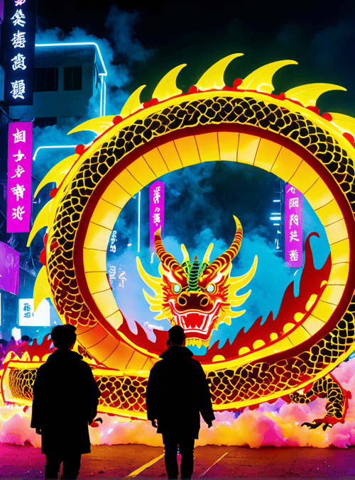 dragon, street, neon, people, signboard, dragon dance, city, night, cloud
