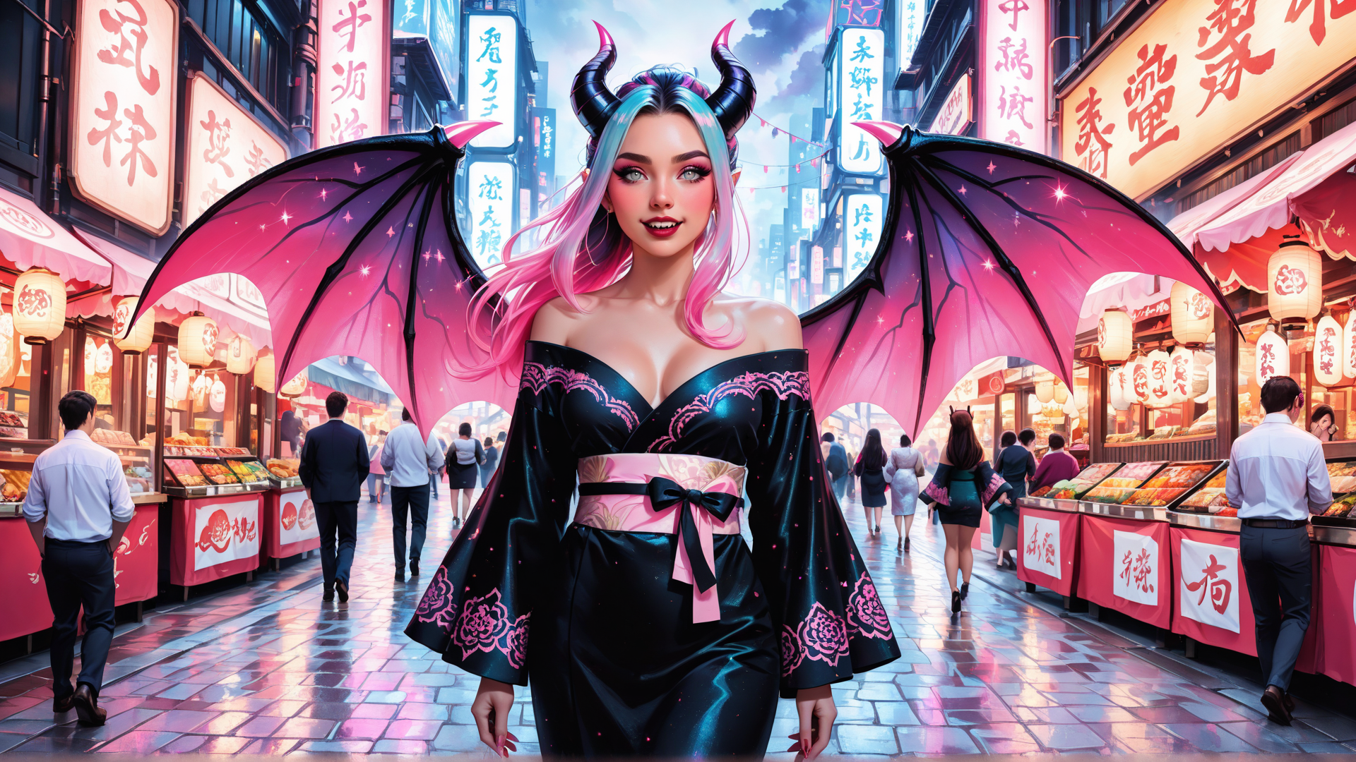 AI generated wallpaper featuring woman, devil, demon, bunny, goddess, angel, demoness, fantasy, anime, city
