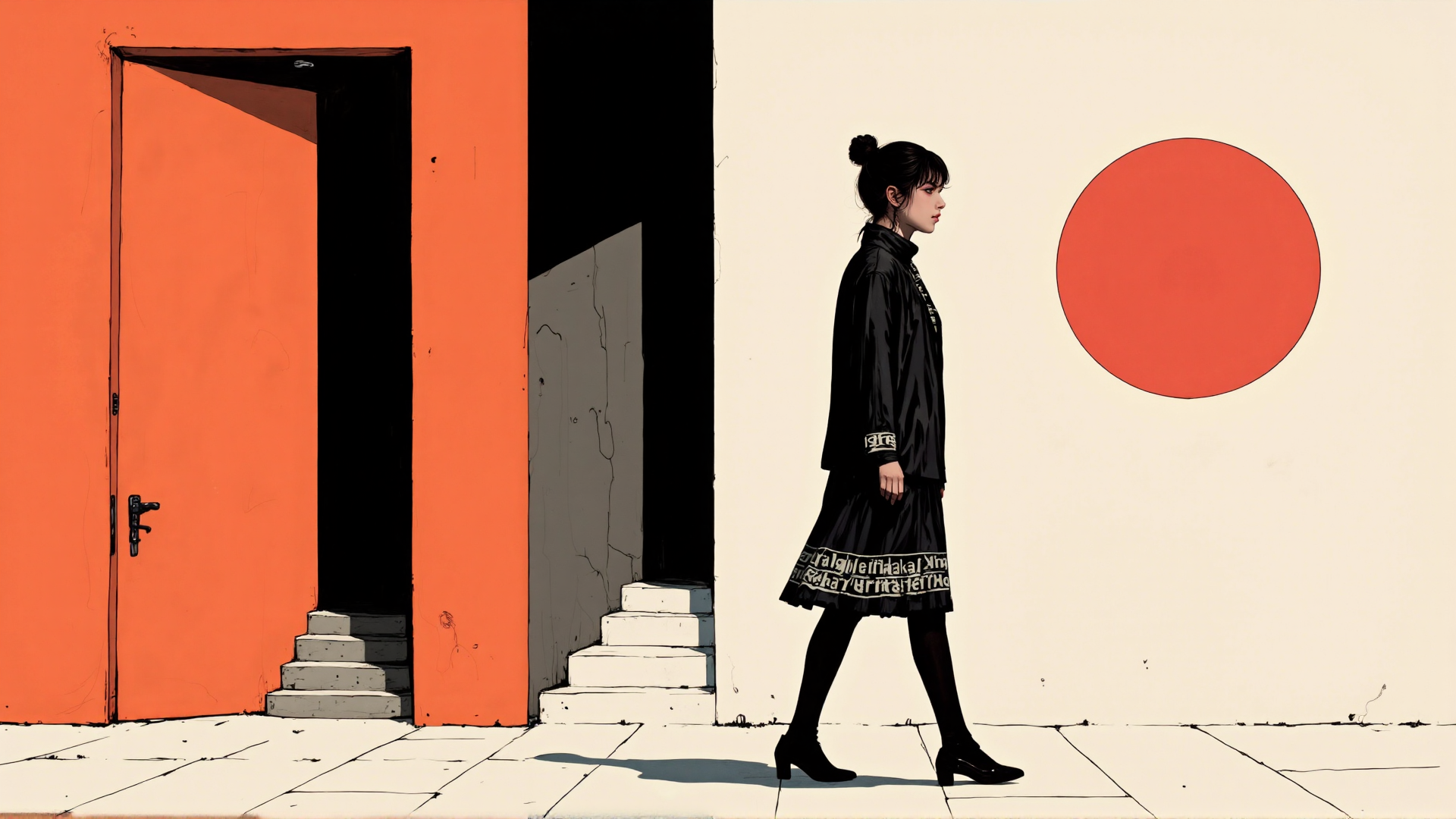 AI generated wallpaper featuring woman, door, steps, sun, wall