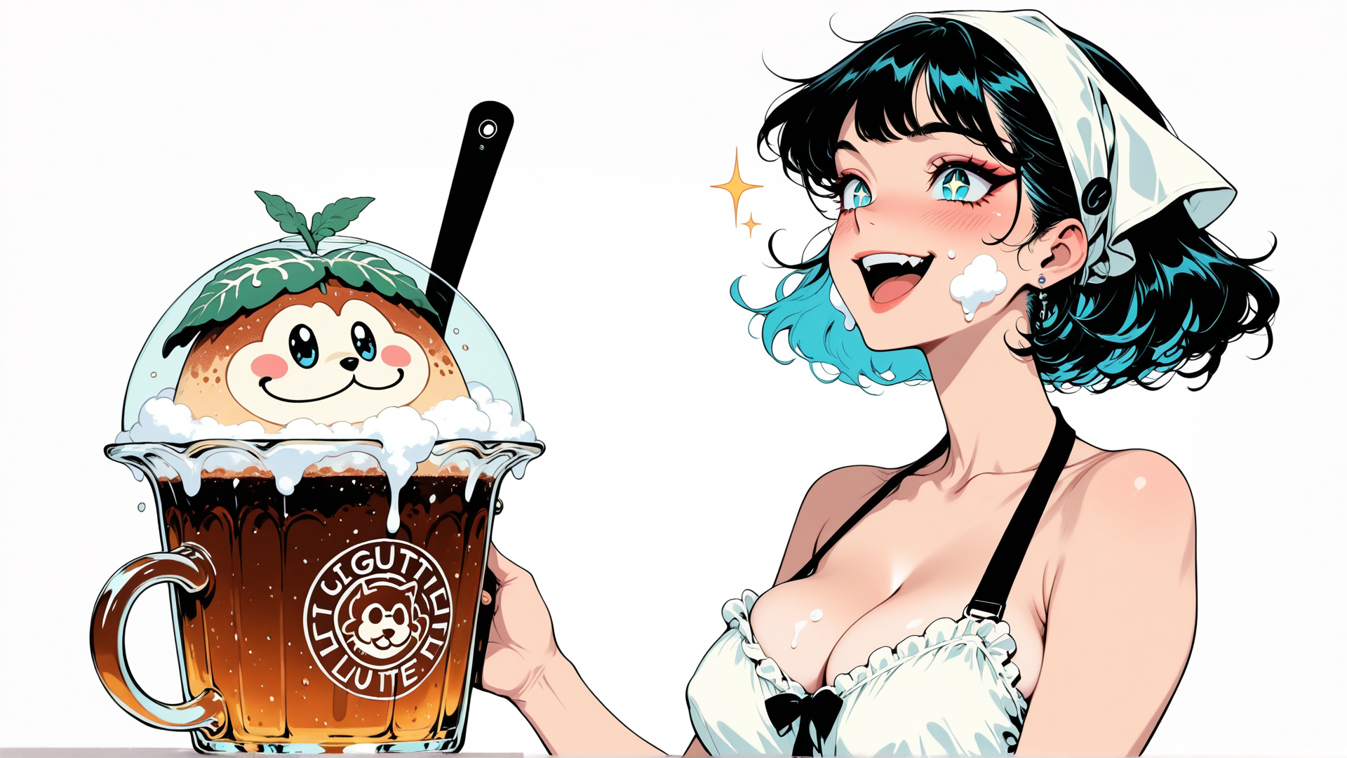 AI generated wallpaper featuring woman, mug, monkey, syrup, foam, straw
